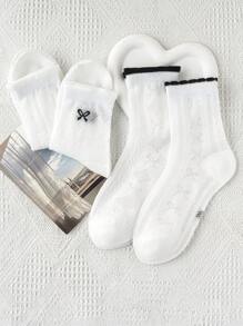 4 Pairs Girls' Bowknot Design White Mesh Casual Breathable Student Socks, Suitable For Spring/Summer Daily Wear