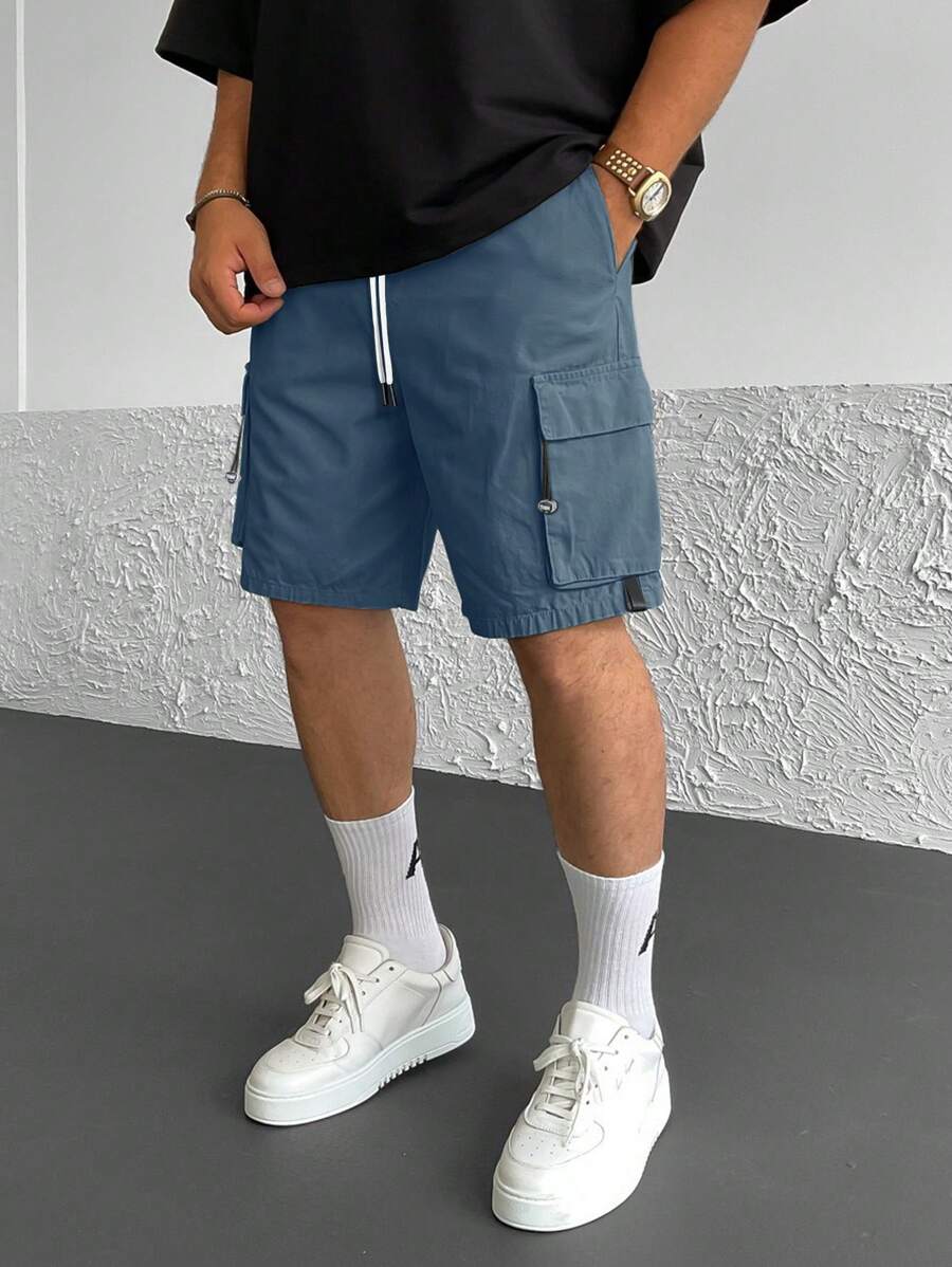 男士炫酷多口袋设计抽绳直筒工装短裤，修身显腿型 - 深色水洗藍 - 查看 1