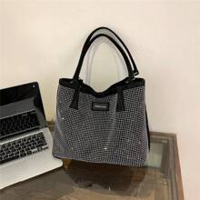Borsa a tracolla capiente da donna, borsa shopping stile moda con strass, nera