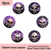 1 set/4 pièces/6 pièces de dessous de verre en boue de diatomées à motif de cadre de crâne violet d'Halloween, dessous de verre à fleurs pour café, décoration multioccasion pour la maison et le restaurant, cadeaux quotidiens, décoration de table, décoration quotidienne, décoration de fête à thème