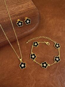 Winglove 1 Set Style Five-Leaf Flower Earrings Necklace Bracelet Jewelry Set - Fashion Lucky Flower Jewelry Set Suitable For Daily Wear Christmas New Year Valentine's Day Holiday Gift - Yellow Gold - View 2