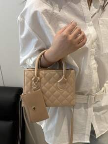 輕薄商務休閒拼花雙手提方形袋，附小袋適合十幾歲女生、女性大學生、初入職場的白領 workers。適用於辦公室、學院、工作、商務、通勤、戶外、旅行和郊遊。