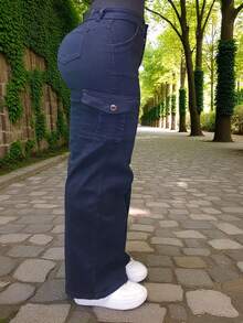 Pantalon jeans de mezclilla estilo corte ancho cargo stretch para dama mujer push up cintura alta urbano - Petroleo cargo con bolsas - Ver 4