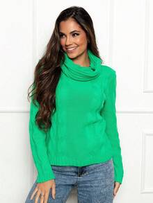 Blusa De Tricot Gola Boba gola Alta Blogueira Tranças Inverno - Verde - Visão 3