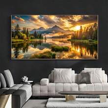 无框帆布艺术印刷品 - 金色日出、雪山倒映水面、现代客厅或卧室墙壁装饰、帆布墙面艺术 - 彩色 - 查看 6