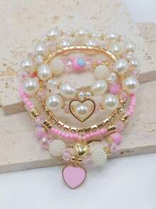 5pcs Pearl & Crystal Beaded Bracelet Set, Fashion Multilayer Wrist Accessories For Women