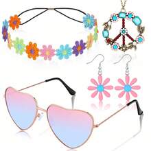 5pcs/Set Hippie Style Accessories Set: Peace Sign Necklace, Daisy Earrings, Flower Headband, Sunglasses, 60s Fashion Halloween - Blue - View 1