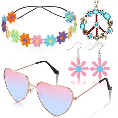 5pcs Hippie Style Accessories Set, Peace Sign Necklace, Daisy Earrings, Flower Headband, Fashion Glasses, Rhinestone Necklace & Bracelet, Festival Gift,Party Costume