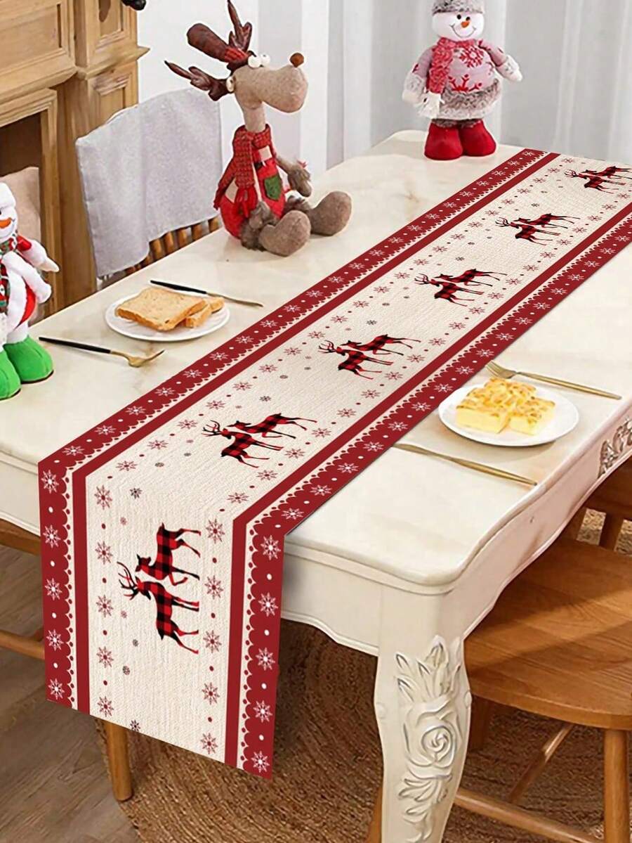 1Pc Christmas Polyester Table Runner Table Cloth,Christmas Table Flag With Deer Snowflake Design,Christmas Decoration Supplies,Xmas Party Decor,Home Decor,Table Decor,Christmas Decor,Christmas Gift