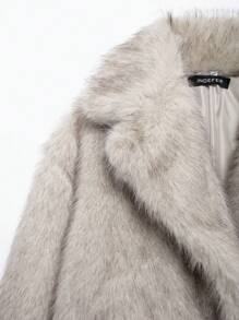 SHIBASHAN Winter Women Fashion Lapel Faux Fur Jackets With Pockets Elegant Long Sleeve Warm Fluffy Coat - Grey - View 8