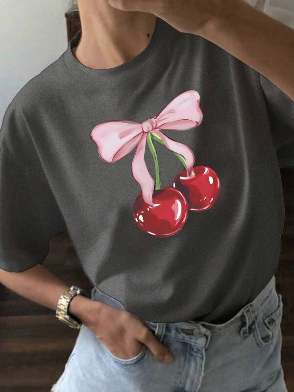YOKASA Camiseta de mujer de manga corta y cuello redondo. Estampado de cerezas y mariposas.1 pcs,180g Pure Heavy,95%Polyester 5%Spandex