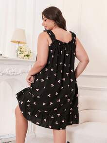 Gaun Midi Tanpa Lengan Kasual Wanita Ukuran Plus Motif Ceri Bahan Chiffon dengan Pita dan Hem Bergelombang, Cocok untuk Semua Musim, Moo Moo - Hitam - View 2