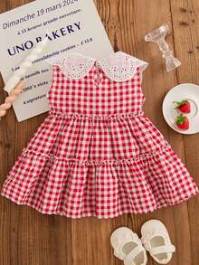 女童可爱草莓荷叶边领格子无袖休闲夏装