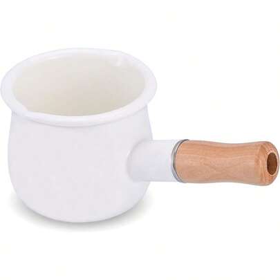 Enamel Milk Pot Small Saucepan Milk Pot Butter Warmer 4 Inch 17 Oz Enamel Small Sauce Pan With Wooden Handle Perfect Size For Heating Smaller Liquid Portions. White