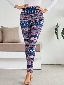 Legging Ketat Pinggang Tinggi Wanita, Hangat & Nyaman, Cocok untuk Motif Natal & Rusa - Royal Blue - View 3