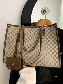 1 Set Large Capacity Graphic Print Tote Bag With Small Pouch - Grey - View 4