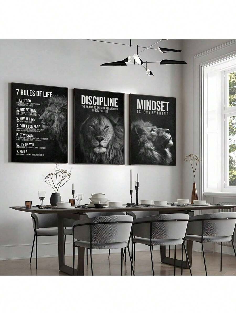 Set Of 3 Optional No Frame Animals Lion King Canvas Painting Posters Prints, Inspirational Motivational Wall Arts For Home Office, Living Room, Bedroom - Art Decor, Classic, Contemporary Styles, Animal Print Theme, Indoor Decortion