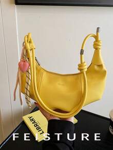 1 Pc Solid Color PU Shoulder Bag, Fashion Large Capacity Crescent-Shaped Women Purse, Suitable For Adult Women Fashion Outfits And Outdoor Shopping - Yellow - View 8