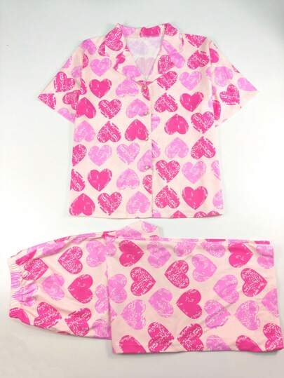 2pcs/Set Random Heart Print Button Front Cute Casual Young Women Pajama Set