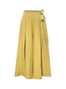 Women's Fashionable, Casual & Elegant Wide-Leg Pants Made Of Coarse Fabric, High-Waisted With Elastic Waistband And Side Straps, Suitable For Spring/Summer - Yellow - View 4