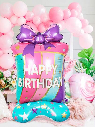 1pc Giant Standing Birthday Gift Box Balloon, Large Happy Birthday Colorful Gift Box Balloon, Bow Gift Box Design, Suitable For Birthday Party Decoration, Photo Props, Celebration Decor, Birthday Gift, Atmosphere Decoration, Home Decor, Scene Decoration