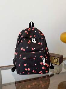 1pc, Versatile, Fashionable, High-Value, Niche Design, Casual, Cute, Sweet, Hand-Held Backpack, Fabric Letter Strawberry Print, Adjustable Shoulder Strap, Large Capacity, Multi-Pocket Backpack, Suitable For Women'S Daily Commuting And Going Out For Shopping And Play