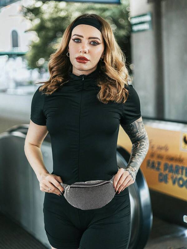 1pc Adjustable Strap PU Waist Bag With White Rhinestone Half Moon Buckle, Shiny Zipper Back, Fashion Waist Pack For Women, Suitable For Daily Outing, Travel, Party, Black Color With Rhinestone