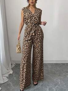 Mono de pierna ancha con estampado floral elegante, sin mangas y escote en pico, para primavera/verano. - Camel - Ver 1