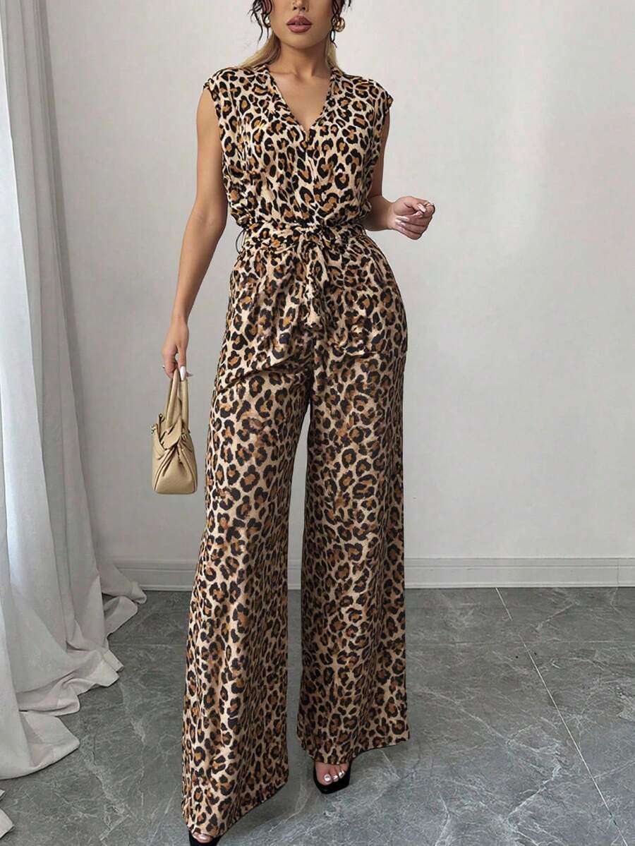 Mono de pierna ancha con estampado floral elegante, sin mangas y escote en pico, para primavera/verano. - Camel - Ver 1