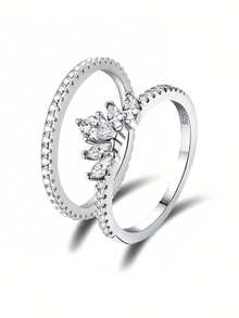 2 pièces/set Bagues à œillet en argent sterling 925 & S925, bagues élégantes pour rendez-vous, fête, anniversaire. Cadeau de bijoux exquis pour femmes - Ensemble de bagues elfiques à cinq couronnes de diamants - Voir 9