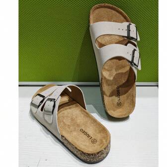 Soft Cork Sandals, Unisex Indoor Home Casual Slippers, Adjustable Buckle Flat Beach Slides, Plus Size Outdoor Leisure Shoes