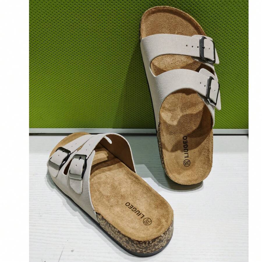 Soft Cork Sandals, Unisex Indoor Home Casual Slippers, Adjustable Buckle Flat Beach Slides, Plus Size Outdoor Leisure Shoes - Beige - View 1