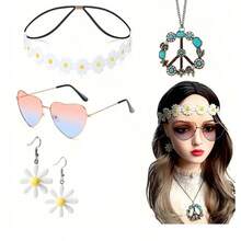 5pcs/Set Hippie Style Accessories Set: Peace Sign Necklace, Daisy Earrings, Flower Headband, Sunglasses, 60s Fashion Halloween - Blue - View 13