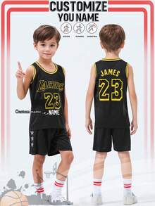 2 Peças Camisa de Basquete Personalizada para Meninos, Nº 23, Time Lakers, Uniforme de Basquete Infantil Personalizado, Regata de Verão, Conjunto de Basquete Personalizado para Meninos, Camisa de Time de Basquete Personalizada, Regata Personalizada com Texto, Camisa de Basquete para Meninos, Uniforme de Basquete Preto, Nº 23 Camisa de Basquete, Uniforme de Basquete, Uniforme de Basquete Preto, Camisa de Time de Basquete Personalizada, Conjunto Esportivo para Meninos, Uniforme Esportivo Preto, Camisa de Basquete Escolar Personalizada - Preto - Visão 1