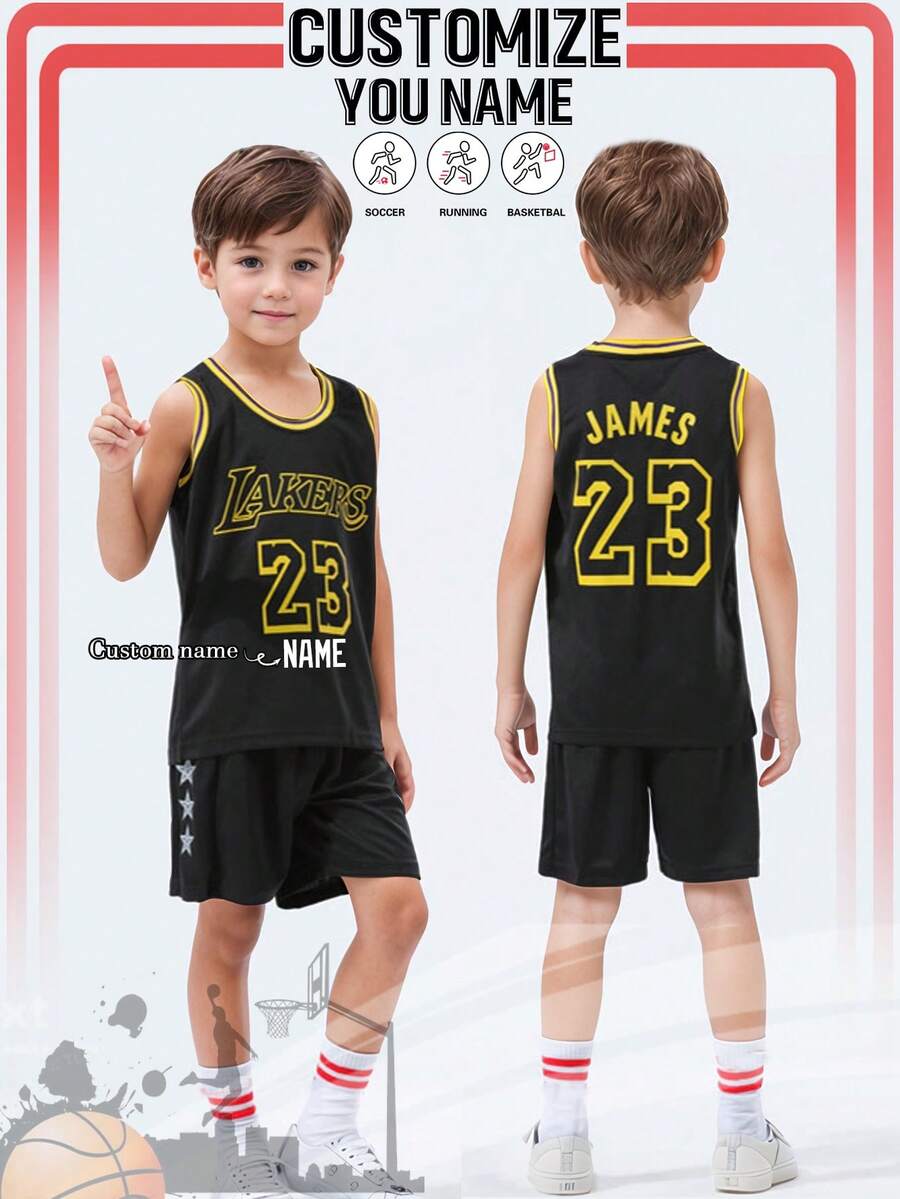 2 Peças Camisa de Basquete Personalizada para Meninos, Nº 23, Time Lakers, Uniforme de Basquete Infantil Personalizado, Regata de Verão, Conjunto de Basquete Personalizado para Meninos, Camisa de Time de Basquete Personalizada, Regata Personalizada com Texto, Camisa de Basquete para Meninos, Uniforme de Basquete Preto, Nº 23 Camisa de Basquete, Uniforme de Basquete, Uniforme de Basquete Preto, Camisa de Time de Basquete Personalizada, Conjunto Esportivo para Meninos, Uniforme Esportivo Preto, Camisa de Basquete Escolar Personalizada - Preto - Visão 1
