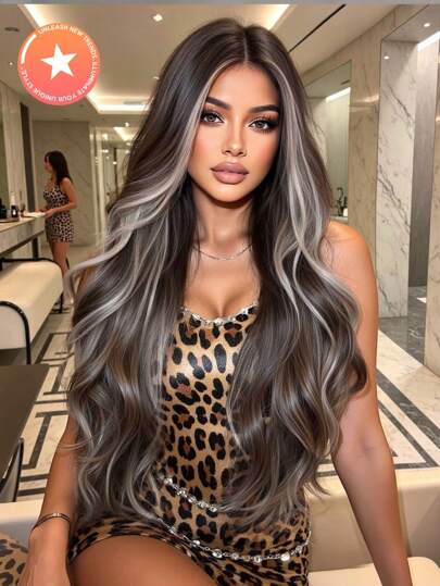 Peluca de mujer de moda, cabello sintético de 26 pulgadas resistente al calor, cabello rizado largo con reflejos blancos sin flequillo, red de color rosa adecuada para la vida diaria, bailes y vacaciones