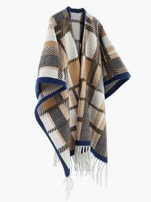 1 件男女通用法式格子流苏披肩围巾，适合作为秋冬外套斗篷 - 彩色 - 查看 3