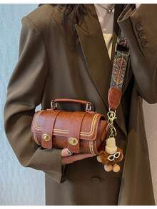 1 件迷你复古圆筒手提包，适合女士日常使用（带毛茸茸配饰） - 棕色 - 查看 6