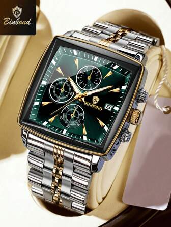  Reloj de cuarzo cuadrado BINBOND para hombre, de lujo, moda, multifunción, cronógrafo, dial original, impermeable, de acero inoxidable, regalo del Día de San Valentín para negocios
