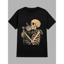 Streetwear T-Shirt Skull Cat Hug Street Street Fashion Urban Culture Skaters Unisex Male Female 100% Cotton Premium Top Streetwear New Release Immediate Shipping Various Colors!! Plus Size - 黑色 - 查看 2