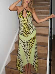 Leopard Print Backless Fitted Camisole Dress, Summer - Yellow - View 4
