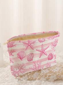 1pc Portable Cosmetic Bag, Ocean Series Shell & Starfish Pattern Double-Sided Printed Travel Zipper Cosmetic Pouch, Multi-Functional Toiletry Storage Bag,Fall Decor,Autumn Decor,Room Decor