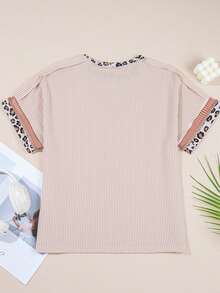 Acelitt Summer Solid Color Patchwork Leopard Print Collar Design Short Sleeve Round Neck T-Shirt - Multicolor - View 6