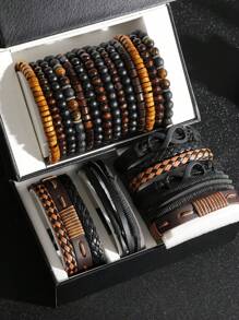 24pcs Men Fashion Accessory Set, Street Style Faux Leather & Wood Bead Bracelets, Versatile Layered Design For Casual Wear, With Multipack For Gifts (Box Not Included)