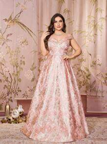 大码女式露肩露背连衣裙，带提花刺绣拼布，优雅长款摇摆派对连衣裙