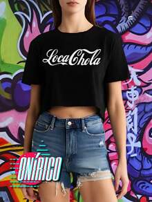 Crop top Loca Chola Ombliguera  Letras  Color combinado    Casual    Chifón    Ninguno    Escenario y concierto  Noche de fiesta  Playa - Negro - Ver 3