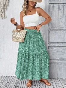 Plus Size Women Ditsy Floral Ruffle Hem Drawstring Waist Casual Midi Skirt, Suitable For Vacation In Autumn Summer - Green Flower - View 6