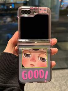 INS可爱大眼女孩插画透明手机壳带3D心形吊坠卡通熊链适用于三星Galaxy Z Flip 6 5 4 3韩版可爱折叠后盖 - 女孩插畫 - 查看 3