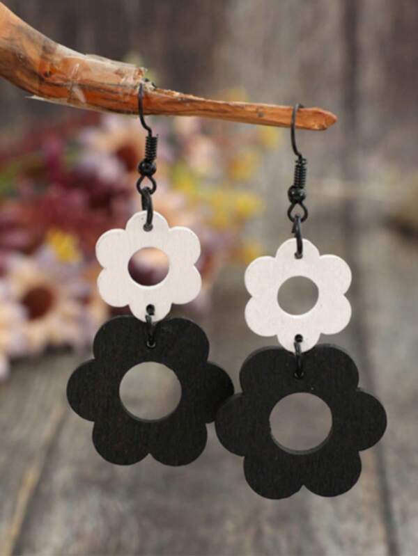 1 Paio Di Nuovi Orecchini A Pendente Vintage In Legno Bianco E Nero Con Fiori Traforati Per Donne