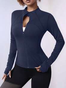 加大码拉链长袖运动夹克，女士紧身拇指孔袖口健身瑜伽跑步运动服外套春季款 - 寶藍色 - 查看 4